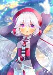  1girl arm_behind_head arms_up bangs beret black_coat blurry blurry_background blush chestnut_mouth coat collared_shirt commentary_request day depth_of_field eyebrows_visible_through_hair gloves grey_skirt hair_between_eyes hat holding holding_sword holding_weapon indie_virtual_youtuber kouu_hiyoyo long_hair long_sleeves low_twintails open_clothes open_coat open_mouth outdoors pants puffy_long_sleeves puffy_sleeves red_headwear shirt silver_hair skirt skyler_reach solo sword twintails very_long_hair violet_eyes weapon white_gloves white_pants 