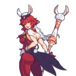  1girl absurdres bunny_tail buskhusker capelet closed_mouth cowboy_shot fire_emblem fire_emblem:_mystery_of_the_emblem fire_emblem_heroes gloves hand_on_hip hat highres holding leotard looking_at_viewer looking_back minerva_(fire_emblem) mini_hat pantyhose pixel_art polearm red_eyes redhead short_hair simple_background sleeveless smile solo standing tail transparent_background weapon white_gloves 