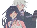  1boy 1girl alternate_eye_color apron bandages bangs black_hair black_jacket blush chain collar commentary_request dangan_ronpa_(series) dangan_ronpa_2:_goodbye_despair dangan_ronpa_another_episode:_ultra_despair_girls grey_hair grin hand_up hands_clasped jacket komaeda_nagito long_hair long_sleeves looking_at_viewer medium_hair metal_collar mittens mole mole_under_eye open_mouth own_hands_together pink_shirt purple_hair red_eyes shirt simple_background smile sudan_73_p tsumiki_mikan white_background 