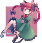  1girl animal_ears bangs black_bow black_footwear blush bow braid cat_ears cat_tail closed_mouth commentary_request dress extra_ears eyebrows_visible_through_hair frilled_dress frilled_sleeves frills full_body green_dress hair_between_eyes hair_bow juliet_sleeves kaenbyou_rin long_hair long_sleeves looking_to_the_side mary_janes multiple_tails nekomata puffy_sleeves red_background red_eyes redhead shoes simple_background sleeve_bow smile solo tail touhou twin_braids two-tone_background white_background xox_xxxxxx 