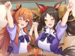  2girls ;d animal_ears arm_up breasts brown_hair carrot commentary_request fang fou_zi hairband holding_hands horse_ears horse_girl interlocked_fingers long_hair looking_at_viewer marvelous_sunday_(umamusume) mayano_top_gun_(umamusume) medium_breasts multiple_girls one_eye_closed open_mouth orange_hair red_hairband school_uniform short_hair skin_fang smile twintails two_side_up umamusume yellow_eyes 