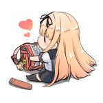  1girl absurdres alternate_costume backpack bag bangs black_legwear black_ribbon black_sailor_collar black_skirt blonde_hair blunt_bangs chibi commentary_request crime_prevention_buzzer dyson_(edaokunnsaikouya) full_body hair_flaps hair_ribbon heart highres kantai_collection long_hair pencil_case randoseru ribbon sailor_collar sitting skirt solo straight_hair yuudachi_(kancolle) 