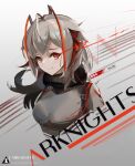 1girl ahoge arknights black_scarf breasts closed_mouth copyright_name cropped_torso gradient gradient_background grey_background grey_sweater highres horns looking_at_viewer medium_breasts red_eyes rhodes_island_logo scarf short_hair silver_hair smile sodadylan sweater translation_request upper_body w_(arknights) 