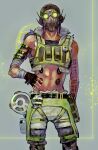  1boy abs apex_legends arm_tattoo bandaged_arm bandages black_gloves black_headwear blue_background cable fingerless_gloves gloves glowing goggles grey_shorts highres kawaniwa male_focus mask midriff mouth_mask navel octane_(apex_legends) open_hand shorts solo tattoo 