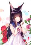  1girl alternate_costume animal_ears azur_lane bangs black_hair blunt_bangs casual commentary_request contemporary dress eyebrows_visible_through_hair flower fox_ears long_hair looking_at_viewer m_ko_(maxft2) nagato_(azur_lane) paw_pose petals pink_flower pink_rose red_flower red_rose rose sailor_dress sidelocks smile solo yellow_eyes 