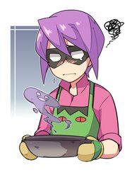  1boy apron bangs blush closed_mouth domino_mask elite_four frown gen_1_pokemon green_apron highres kiwi_of_ruin koffing male_focus mask mittens oven_mitts pokemon pokemon_(game) pokemon_hgss popped_collar purple_hair purple_shirt shirt short_hair sleeves_rolled_up smoke solo squiggle upper_body will_(pokemon) 