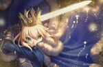  1girl absurdres ahoge armor artist_name artoria_pendragon_(all) bangs blonde_hair blue_cape blue_dress blue_ribbon breastplate cape commentary_request crown dress excalibur_(fate/stay_night) fate/stay_night fate_(series) floating_cape fur-trimmed_cape fur_trim gauntlets green_eyes hair_ribbon hands_up highres holding holding_sword holding_weapon huge_filesize long_sleeves moto_(otemoto02) parted_lips ribbon saber solo sparkle sword upper_body weapon 