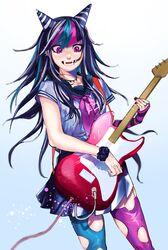  1girl bangs black_hair black_nails blue_hair blue_legwear blush commentary dangan_ronpa_(series) dangan_ronpa_2:_goodbye_despair ear_piercing fangs hair_horns highres instrument jewelry lip_piercing long_hair looking_at_viewer mioda_ibuki mismatched_legwear multicolored_hair music necklace open_mouth piercing pink_eyes pink_hair pink_legwear playing_instrument ring school_uniform scrunchie serafuku shirt short_sleeves skirt smile solo suzumetarou thigh-highs torn_clothes torn_legwear white_hair wrist_scrunchie 