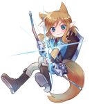  1boy animal_ears bangs blonde_hair blue_eyes blue_shirt blush boots bow bow_(weapon) brown_footwear brown_gloves brown_hair brown_pants closed_mouth drawing_bow eyebrows_visible_through_hair fingerless_gloves fox_ears fox_tail full_body gloves highres holding holding_bow holding_bow_(weapon) holding_weapon kemonomimi_mode link looking_at_viewer male_focus medium_hair pants pointy_ears shield shiny shiny_hair shirt simple_background smile solo tail the_legend_of_zelda the_legend_of_zelda:_breath_of_the_wild weapon white_background xox_xxxxxx 