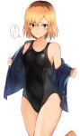 1girl bare_shoulders black_swimsuit blonde_hair blue_jacket breasts brown_eyes collarbone competition_swimsuit covered_navel cowboy_shot embarrassed groin jacket leg_up long_sleeves looking_at_viewer medium_breasts miyamori_aoi off_shoulder one-piece_swimsuit open_clothes open_jacket shirobako short_hair simple_background smile solo sweat swimsuit tahita1874 thighs thought_bubble translated undressing white_background 
