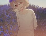 arms_behind_back blonde_hair blurry braid commentary_request depth_of_field eyebrows_visible_through_hair field flower flower_field hair_between_eyes head_tilt head_wreath long_sleeves looking_at_viewer nurse_robot_type_t open_mouth orange_eyes outdoors short_hair suteinua upper_body utau 