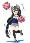  1girl black_hair black_legwear cheering cheerleader commentary_request covered_navel crop_top full_body green_eyes grey_neckwear hair_ribbon headgear highres holding holding_pom_poms i-47_(kancolle) kantai_collection long_hair low-tied_long_hair nassukun neckerchief pom_poms ribbon sailor_collar sailor_shirt school_swimsuit see-through_skirt shirt sidelocks simple_background skirt sleeveless sleeveless_shirt solo swimsuit thigh-highs tress_ribbon very_long_hair white_background white_sailor_collar 