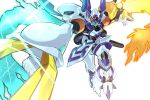  arm_cannon clenched_hands crossover digimon digimon_(creature) fire looking_at_viewer mecha medarot no_humans omedamon pillar_buster science_fiction solo v-fin visor weapon white_background wrist_blades 