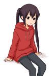  1girl :o arms_at_sides bangs black_pants blush brown_eyes brown_hair commentary_request een941 hair_between_eyes highres hood hoodie k-on! long_hair long_sleeves looking_at_viewer nakano_azusa open_mouth pants protected_link red_hoodie shadow simple_background sitting solo twintails white_background 