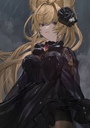  1girl absurdres bangs betabeet black_dress black_flower blonde_hair bow bowtie brooch dress eyebrows_visible_through_hair flower granblue_fantasy hair_flower hair_intakes hair_ornament highres jewelry long_hair looking_back looking_down parted_lips rain red_eyes solo yuisis_(granblue_fantasy) 