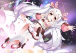  1girl absurdres animal_ears arm_up armpits azur_lane bangs black_choker black_ribbon blurry blurry_background blush bow buttons choker detached_sleeves double-breasted eyebrows_visible_through_hair fake_animal_ears footwear_bow hair_between_eyes hair_bow hairband headset high_heels highres laffey_(azur_lane) laffey_(halfhearted_bunny_idol)_(azur_lane) long_hair long_sleeves microphone midriff miniskirt navel pantyhose parted_lips patterned_background pink_bow pink_footwear plaid plaid_skirt pleated_skirt rabbit_ears red_eyes red_hairband ribbon ribbon_choker shoes single_strap skirt solo thighband_pantyhose twintails v very_long_hair white_hair white_legwear yomimafu 