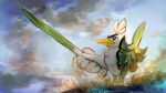  animal_focus artist_name bird blue_sky closed_mouth clouds commentary day day_walker1117 english_text food from_side full_body gen_8_pokemon glint grass highres holding holding_food holding_sword holding_vegetable holding_weapon light_particles looking_up no_humans outdoors pokemon pokemon_(creature) red_eyes shield signature sirfetch&#039;d sky solo spring_onion standing sword thick_eyebrows v-shaped_eyebrows vegetable weapon 