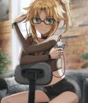  1girl bangs blonde_hair blush bracelet braid breasts cellphone chair collarbone earphones earphones fate/apocrypha fate_(series) french_braid glasses green_eyes highres jewelry long_hair looking_at_viewer mordred_(fate) mordred_(fate)_(all) parted_bangs phone ponytail sidelocks sitting small_breasts tonee 