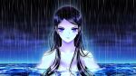  1girl black_hair blue_sky breasts commentary_request dark_sky highres italian_commentary long_hair marco_albiero medium_breasts mortebianca partially_submerged pink_lips rain sky solo upper_body violet_eyes 