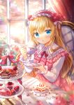  1girl absurdres blurry blurry_foreground bow chair collared_shirt commentary_request cup depth_of_field dress flower food fork frilled_hairband frilled_shirt_collar frills fruit hair_flower hair_ornament hairband highres holding holding_cup holding_saucer huge_filesize indoors kohaku_muro long_sleeves macaron on_chair original pink_dress red_bow red_flower red_hairband red_rose rose sandwich saucer shirt signature sleeveless sleeveless_dress solo spoon strawberry tea_party teacup teapot tiered_tray white_shirt window 