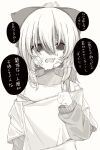  1girl bandaid bandaid_on_face bow bruise crop_top crying crying_with_eyes_open fang hair_bow highres injury long_sleeves looking_at_viewer monochrome mushoku_loli mushoku_loli_(character) original ponytail short_over_long_sleeves short_sleeves tears translation_request trembling 
