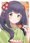  1girl bangs black_hair blush eyebrows_visible_through_hair green_eyes green_kimono hanakoto_igusa head_tilt holding holding_leaf ivy_(ivy_wreath) japanese_clothes kimono leaf looking_at_viewer obi sash smile solo upper_body virtual_youtuber youkai_channel 