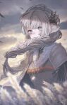  1girl aky_ami animal_ears bangs blue_eyes blush braid clouds day grey_hair jewelry long_hair looking_at_viewer necklace original outdoors sky solo standing tassel wheat wheat_field 