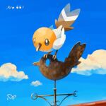  bird brown_eyes closed_mouth clouds commentary_request day fletchling from_below gen_6_pokemon highres looking_down number outdoors pokedex_number pokemon pokemon_(creature) sky standing torinoko_(miiko_draw) 