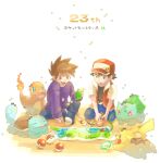  2boys anniversary baseball_cap blue_oak blue_pants brown_hair bulbasaur charmander commentary_request fire flame game_boy_color gen_1_pokemon handheld_game_console hat highres holding holding_handheld_game_console jacket jewelry kneeling long_sleeves male_focus map multiple_boys necklace number open_clothes open_jacket pants pikachu poke_ball poke_ball_(basic) pokemon pokemon_(creature) pokemon_(game) pokemon_rgby purple_shirt red_(pokemon) shirt short_hair short_sleeves sitting socks spiky_hair squirtle starter_pokemon_trio torinoko_(miiko_draw) translation_request white_legwear 
