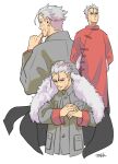  1boy antenna_hair cape facing_viewer fate/grand_order fate_(series) fur_trim grey_hair hand_up hands_in_pockets hands_together li_shuwen_(fate/grand_order) long_sleeves multiple_views old old_man pocket simple_background takku_(takk25) white_background 