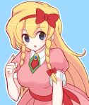  1girl :o bangs blonde_hair blue_background blue_eyes blush bow bow_hairband braid breasts castlevania castlevania:_rondo_of_blood collared_dress dress eyebrows eyebrows_visible_through_hair hair_between_eyes hair_bow hairband hand_up large_breasts long_hair looking_at_viewer maria_renard open_mouth outline pink_dress puffy_short_sleeves puffy_sleeves red_bow red_hairband sash short_sleeves simple_background solo suta_(clusta) twin_braids very_long_hair white_outline 