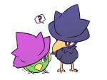  ? bird bright_pupils closed_mouth commentary_request gen_2_pokemon grey_eyes hat hatted_pokemon highres kiwi_of_ruin korean_commentary looking_at_another murkrow natu no_humans one_eye_closed pokemon pokemon_(creature) purple_headwear red_eyes simple_background spoken_question_mark standing white_background 