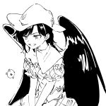  1girl artist_logo bandana black_hair black_wings commentary_request cowboy_hat dress greyscale hat highres kurokoma_saki monochrome open_mouth shikushiku_(amamori_weekly) short_sleeves simple_background solo touhou upper_body white_background wings 