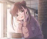  1girl alternate_costume bangs blush brown_sweater cafe cake cake_slice clenched_hands coffee coffee_mug cup double_bun ene_mizunoawa eyebrows_visible_through_hair food glint hands_on_own_cheeks hands_on_own_face head_tilt highres idolmaster idolmaster_shiny_colors lens_flare looking_at_viewer mug round_eyewear sitting smile solo sonoda_chiyoko sunlight sweater twintails upper_body 