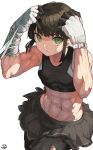  1girl abs bandaged_arm bandages bangs bare_shoulders black_hair black_legwear breasts cowboy_shot crop_top eyebrows_visible_through_hair gloves green_eyes highres looking_at_viewer midriff miniskirt muscular muscular_female navel original pantyhose parted_lips pleated_skirt short_eyebrows short_hair sidelocks signature simple_background skirt sleeveless small_breasts solo sweat symbol_commentary torn_clothes torn_legwear white_background yuyu_ekaki_dayo 