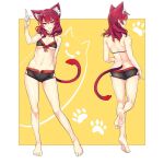  1girl animal_ears bare_shoulders boots breasts cat_ears cat_girl cat_tail collar covered_nipples front-tie_top highres navel original paw_print red_eyes redhead robot_cat short_shorts shorts small_breasts solo tail 
