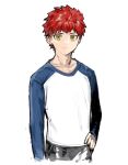  1boy arm_at_side bangs blue_shirt closed_mouth collarbone cowboy_shot emiya_shirou fate/stay_night fate_(series) grey_pants hand_on_hip highres long_sleeves looking_at_viewer male_focus orange_eyes pants raglan_sleeves redhead shiny shiny_hair shirt short_hair simple_background smile solo suzumetarou white_background white_shirt 