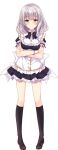  1girl apron bangs black_bow black_dress black_legwear blue_eyes blush bow breasts brown_footwear closed_mouth commentary_request crossed_arms dress eyebrows_visible_through_hair frilled_apron frills full_body gatchapowa grey_hair highres kneehighs looking_at_viewer maid original pleated_dress puffy_short_sleeves puffy_sleeves shoes short_sleeves simple_background small_breasts smile solo standing waist_apron white_apron white_background wrist_cuffs 