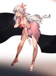  +_+ 1girl abstract_background aqua_eyes bare_shoulders dachiarai dress flower full_body hair_flower hair_ornament long_hair nia_teppelin open_mouth pink_dress pink_flower pink_footwear pink_pupils sleeveless sleeveless_dress solo standing tengen_toppa_gurren_lagann white_hair 