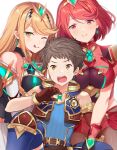  1boy 2girls 2nske_poke armor bangs blinking blonde_hair blue_shirt blush breasts brown_hair carrying dual_persona elbow_gloves gem gloves glowing hair_ornament headpiece highres holding jewelry large_breasts light long_hair multiple_girls mythra_(xenoblade) nervous nintendo one_eye_closed open_mouth pyra_(xenoblade) red_eyes redhead rex_(xenoblade) shirt short_hair shy smile super_smash_bros. swept_bangs tiara tongue tongue_out trio white_background xenoblade_chronicles_(series) xenoblade_chronicles_2 yellow_eyes 