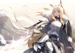  1girl animal_ears arknights armor blemishine_(arknights) blonde_hair cape highres long_hair looking_at_viewer mannouyakunta ponytail shield smile sword tail weapon yellow_eyes 