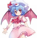  1girl ascot bangs bat_wings blue_hair blush closed_mouth commentary_request cowboy_shot eyebrows_visible_through_hair fang frilled_shirt frilled_shirt_collar frilled_sleeves frills hair_between_eyes hat hat_ribbon looking_at_viewer mob_cap pink_skirt puffy_short_sleeves puffy_sleeves red_eyes red_neckwear red_ribbon remilia_scarlet ribbon shirt short_hair short_sleeves simple_background skirt smile solo touhou wavy_hair white_background wings xox_xxxxxx 