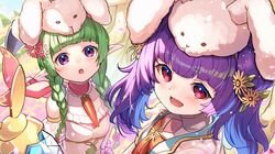  2girls :d :o animal_ears bangs blunt_bangs blush braid choker easter fake_animal_ears fire_emblem fire_emblem:_the_sacred_stones fire_emblem_awakening fire_emblem_heroes green_hair hair_ornament highres multiple_girls myrrh_(fire_emblem) nah_(fire_emblem) nakabayashi_zun official_alternate_costume open_mouth pointy_ears purple_hair rabbit_ears red_eyes smile twin_braids twintails violet_eyes 