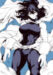  1girl blue_background bodysuit boku_no_hero_academia breasts cape closed_mouth commentary_request gloves hair_between_eyes highres large_breasts looking_at_viewer mole mole_under_mouth shimura_nana short_hair simple_background solo takatsuki_ichi 