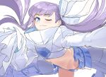  1girl absurdres bangs blue_eyes blush breasts closed_mouth coffeekite cropped_jacket crotch_plate fate/extra fate/extra_ccc fate/grand_order fate_(series) hair_ribbon highres jacket long_hair long_sleeves looking_at_viewer meltryllis_(fate) navel one_eye_closed purple_hair ribbon sleeves_past_fingers sleeves_past_wrists small_breasts smile very_long_hair white_jacket white_ribbon 