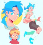  2boys artist_name bangs blonde_hair blue-haired_boy_(how_to_draw_manga) blue_background blue_footwear blue_hair blue_theme blush brown_eyes brown_hair brown_shorts closed_mouth commentary derivative_work drawstring english_commentary eyebrows_visible_through_hair forehead foreshortening full_body hair_intakes hair_tie happy hood hoodie how_to_draw_manga jumping kneehighs light_blush long_hair loose_socks male_focus multicolored_hair multiple_boys multiple_views open_mouth ponytail rebekah_jin red_sweater shirt shoes short_shorts shorts signature simple_background sleeveless sleeveless_hoodie smile sweater tied_hair twitter_username two-tone-haired_boy_(how_to_draw_manga) two-tone_hair upper_body white_hoodie white_legwear white_shirt 