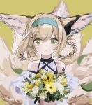  1girl absurdres animal_ears arknights bare_shoulders blonde_hair bouquet dress earpiece flower fox_ears fox_girl fox_tail green_eyes hair_rings hairband highres holding holding_bouquet infection_monitor_(arknights) koishi_(hibananana) kyuubi leaves_in_wind looking_at_viewer multiple_tails off-shoulder_dress off_shoulder open_mouth oripathy_lesion_(arknights) sidelocks solo suzuran_(arknights) tail white_dress yellow_background 