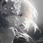  1girl bare_shoulders chi4 eyebrows_visible_through_hair flower hair_flower hair_ornament highres long_hair original red_eyes solo spot_color tagme white_flower 