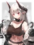 1girl arknights black_gloves breasts crop_top gloves horns large_breasts long_hair mudrock_(arknights) oripathy_lesion_(arknights) pointy_ears red_eyes sigh signature undressing usuki_(graygreed) white_hair 