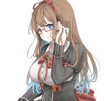  .live 1girl adjusting_hair bespectacled blue_eyes blush breasts brown_hair commentary dress earrings glasses hair_ribbon highres jewelry kakyouin_chieri large_breasts long_hair looking_at_viewer portrait red_ribbon ribbon simple_background solo virtual_youtuber white_background 